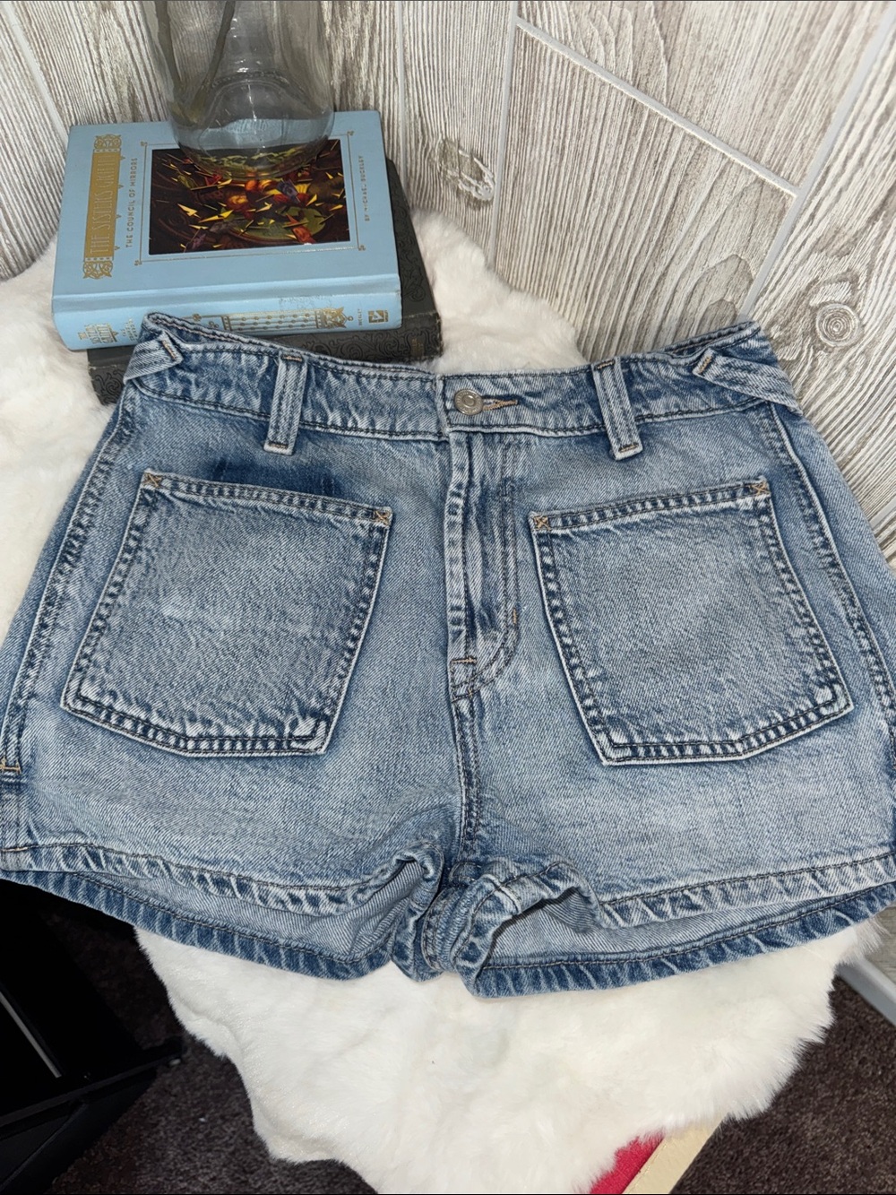 We The Free Light Blue High-Rise Distressed Denim Shorts